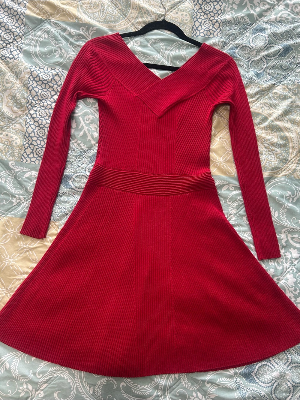 Candie's Red Ribbed Long-Sleeve Fit & Flare Dress